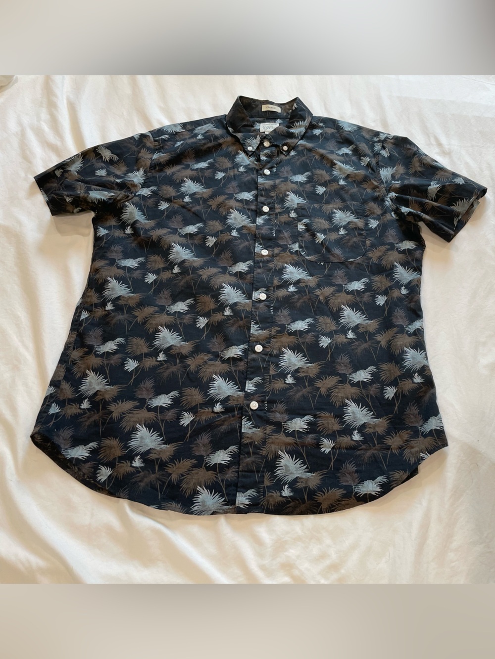 J. Crew Black Short-Sleeve Button-Down Shirt with Gray and Brown Palm Print